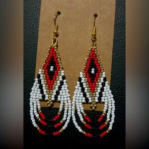 White black, red and gold seed bead fringe earrings
